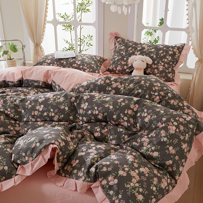 91家纺网 家纺一手货源 找家纺 一米阳光 2026年春夏新款小清新花边款全棉纯棉四件套 韶华