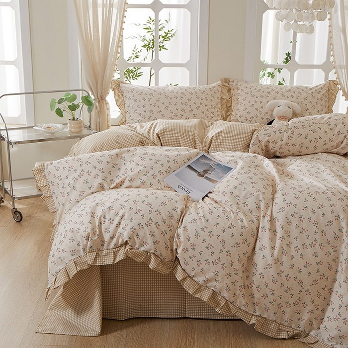 91家纺网 家纺一手货源 找家纺 一米阳光 2026年春夏新款小清新花边款全棉纯棉四件套 夏沁