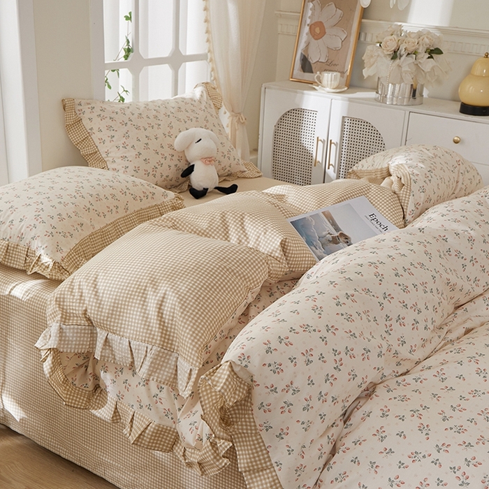 91家纺网 家纺一手货源 找家纺 一米阳光 2026年春夏新款小清新花边款全棉纯棉四件套 夏沁