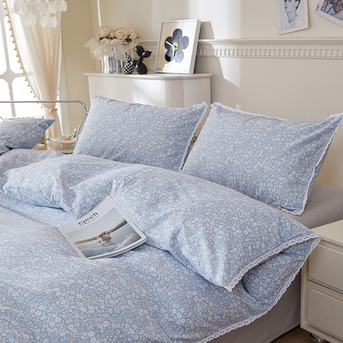 91家纺网 家纺一手货源 找家纺 一米阳光 2026年春夏新款小清新白色小花边全棉纯棉四件套 花雅图