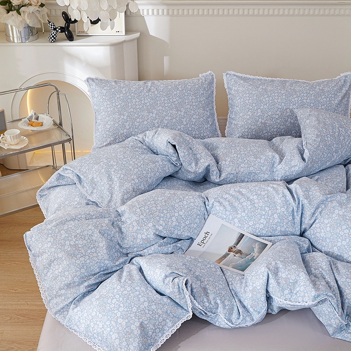 91家纺网 家纺一手货源 找家纺 一米阳光 2026年春夏新款小清新白色小花边全棉纯棉四件套 花雅图