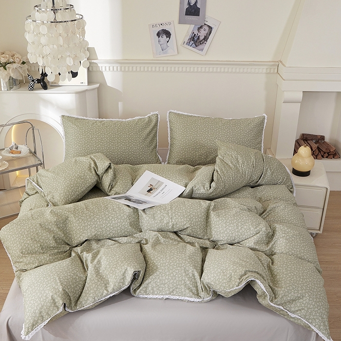 一米阳光 2026年春夏新款小清新白色小花边全棉纯棉四件套 古堡花园~灰绿