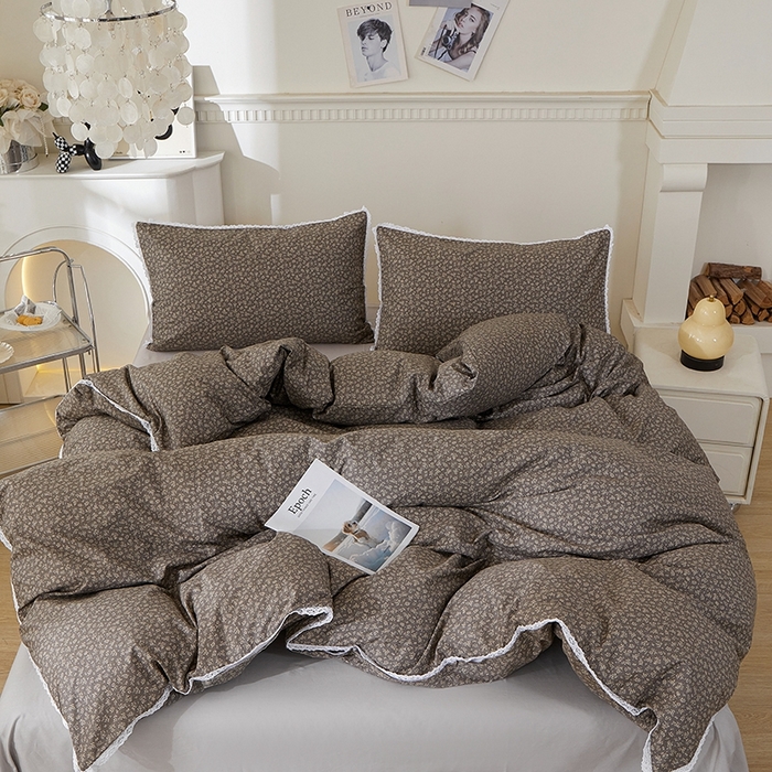 一米阳光 2026年春夏新款小清新白色小花边全棉纯棉四件套 古堡花园~深灰