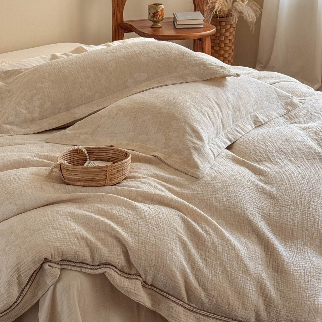 91家纺网 家纺一手货源 找家纺 澳萝拉 2026新款棉麻提花压边四件套 木兮