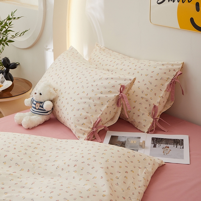 91家纺网 家纺一手货源 找家纺 （总）一米阳光 2026年春夏新款小清新蝴蝶结绑带款全棉纯棉四件套