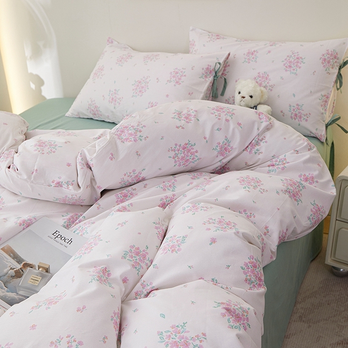 91家纺网 家纺一手货源 找家纺 一米阳光 2026年春夏新款小清新蝴蝶结绑带款全棉纯棉四件套 花簇