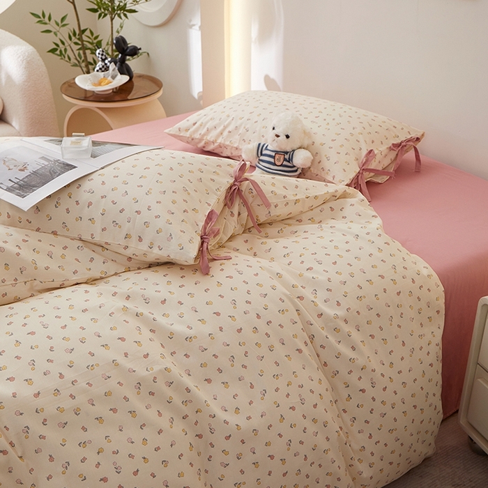 91家纺网 家纺一手货源 找家纺 （总）一米阳光 2026年春夏新款小清新蝴蝶结绑带款全棉纯棉四件套