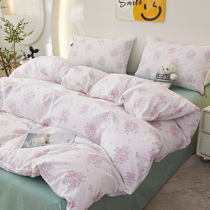 91家纺网 家纺一手货源 找家纺 一米阳光 2026年春夏新款小清新蝴蝶结绑带款全棉纯棉四件套 花簇