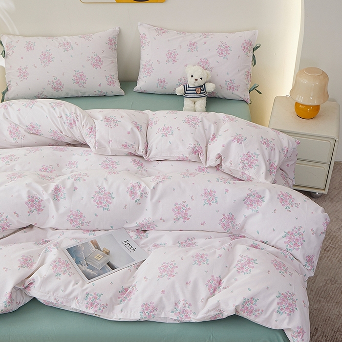 91家纺网 家纺一手货源 找家纺 一米阳光 2026年春夏新款小清新蝴蝶结绑带款全棉纯棉四件套 花簇