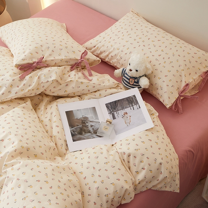 91家纺网 家纺一手货源 找家纺 一米阳光 2026年春夏新款小清新蝴蝶结绑带款全棉纯棉四件套 朵意