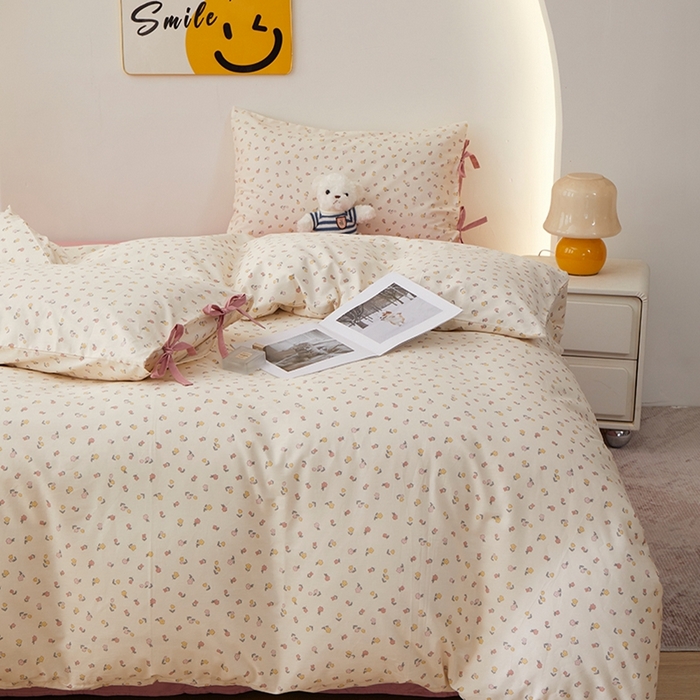 91家纺网 家纺一手货源 找家纺 一米阳光 2026年春夏新款小清新蝴蝶结绑带款全棉纯棉四件套 朵意