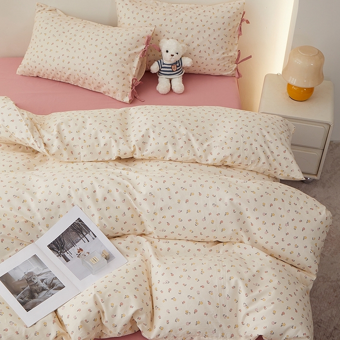 91家纺网 家纺一手货源 找家纺 一米阳光 2026年春夏新款小清新蝴蝶结绑带款全棉纯棉四件套 朵意