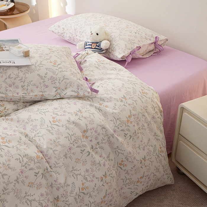 91家纺网 家纺一手货源 找家纺 一米阳光 2026年春夏新款小清新蝴蝶结绑带款全棉纯棉四件套 浅影