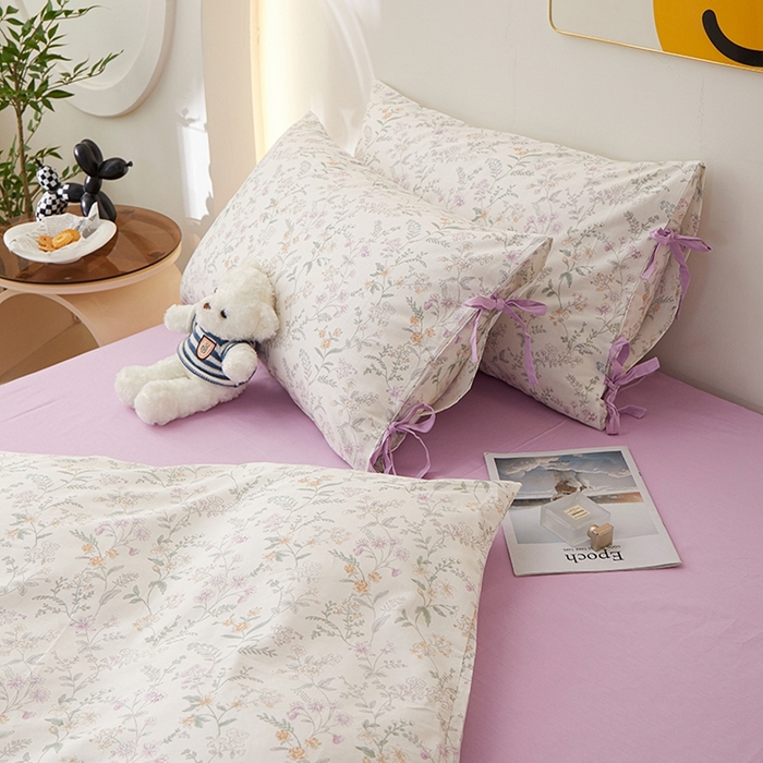 91家纺网 家纺一手货源 找家纺 一米阳光 2026年春夏新款小清新蝴蝶结绑带款全棉纯棉四件套 浅影