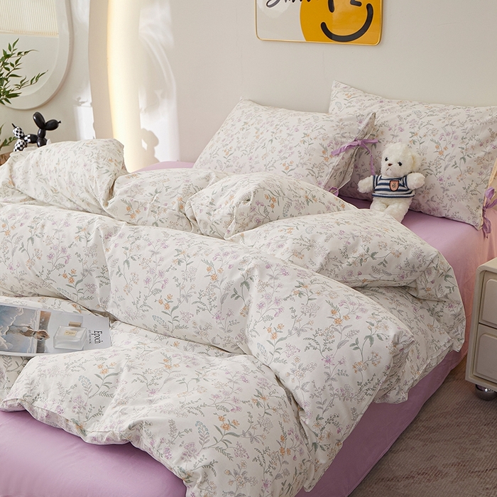 91家纺网 家纺一手货源 找家纺 一米阳光 2026年春夏新款小清新蝴蝶结绑带款全棉纯棉四件套 浅影