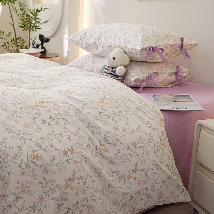 91家纺网 家纺一手货源 找家纺 一米阳光 2026年春夏新款小清新蝴蝶结绑带款全棉纯棉四件套 浅影