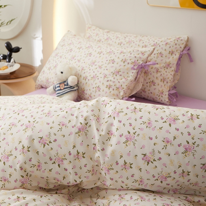 91家纺网 家纺一手货源 找家纺 一米阳光 2026年春夏新款小清新蝴蝶结绑带款全棉纯棉四件套 紫霞仙子