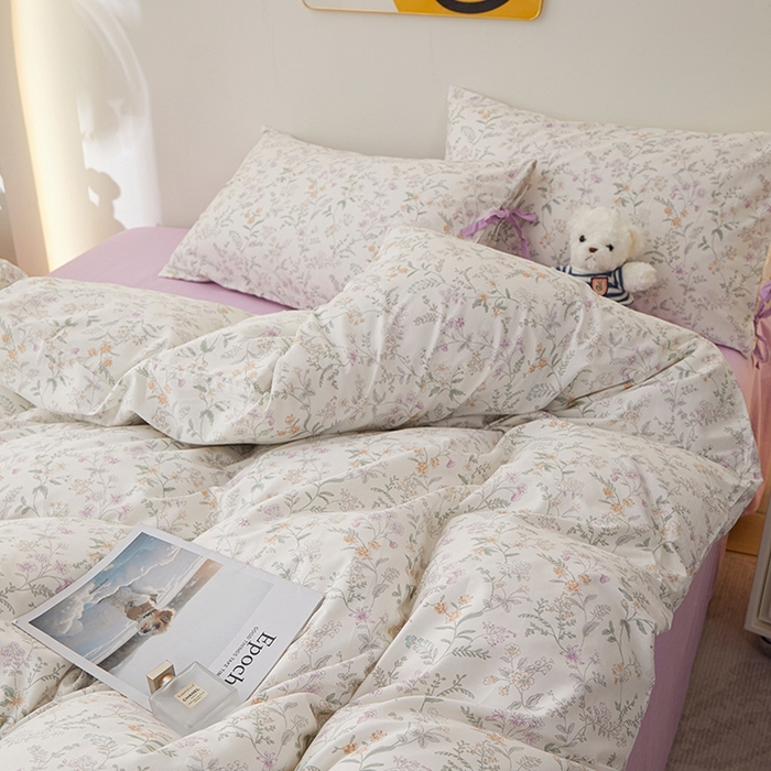 91家纺网 家纺一手货源 找家纺 一米阳光 2026年春夏新款小清新蝴蝶结绑带款全棉纯棉四件套 浅影