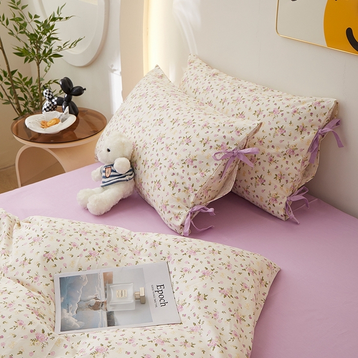 91家纺网 家纺一手货源 找家纺 一米阳光 2026年春夏新款小清新蝴蝶结绑带款全棉纯棉四件套 紫霞仙子