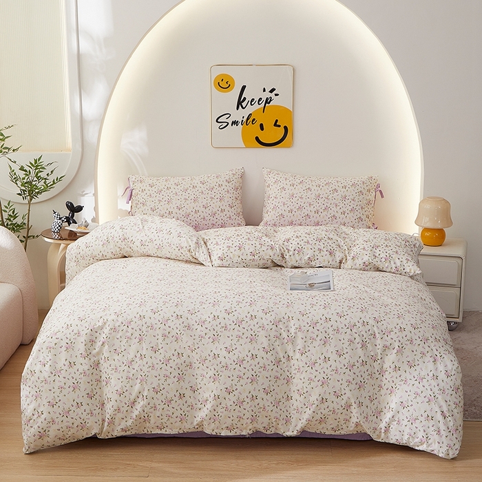 一米阳光 2026年春夏新款小清新蝴蝶结绑带款全棉纯棉四件套 紫霞仙子