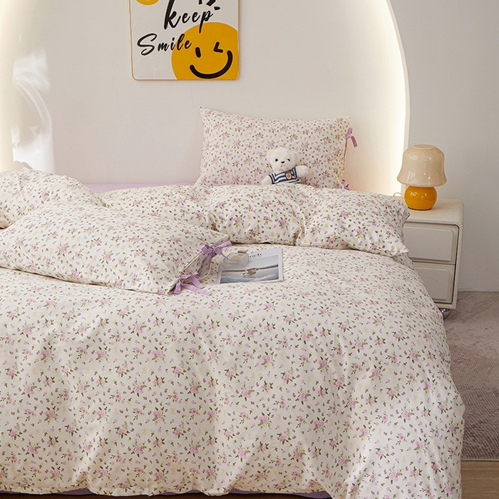 91家纺网 家纺一手货源 找家纺 一米阳光 2026年春夏新款小清新蝴蝶结绑带款全棉纯棉四件套 紫霞仙子