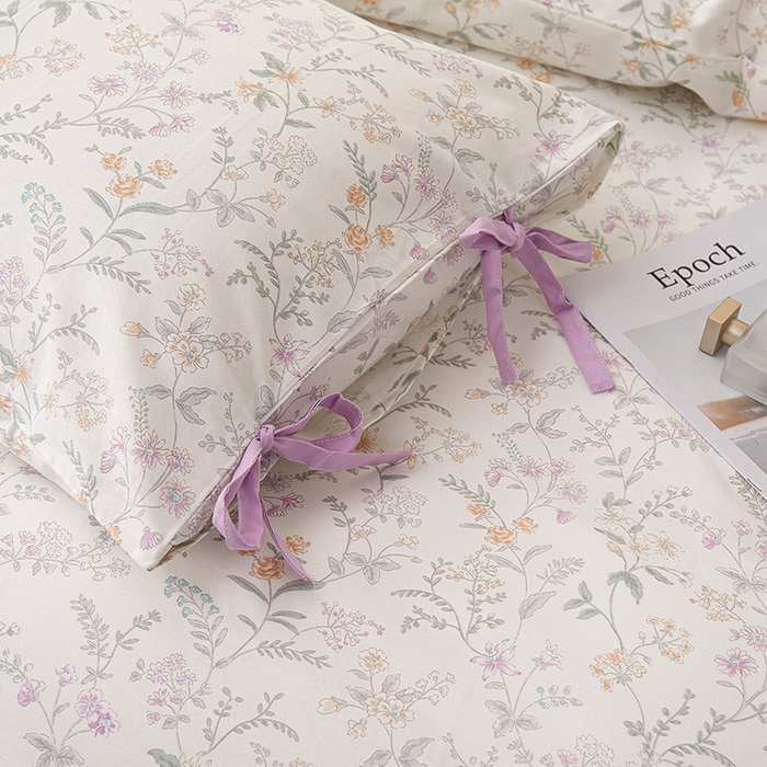 91家纺网 家纺一手货源 找家纺 一米阳光 2026年春夏新款小清新蝴蝶结绑带款全棉纯棉四件套 浅影