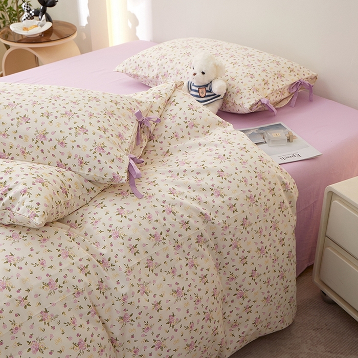 91家纺网 家纺一手货源 找家纺 一米阳光 2026年春夏新款小清新蝴蝶结绑带款全棉纯棉四件套 紫霞仙子