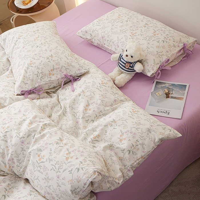 91家纺网 家纺一手货源 找家纺 一米阳光 2026年春夏新款小清新蝴蝶结绑带款全棉纯棉四件套 浅影