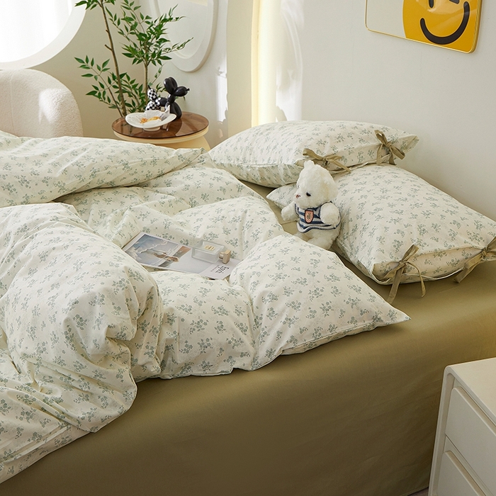 91家纺网 家纺一手货源 找家纺 一米阳光 2026年春夏新款小清新蝴蝶结绑带款全棉纯棉四件套 徐徐花开