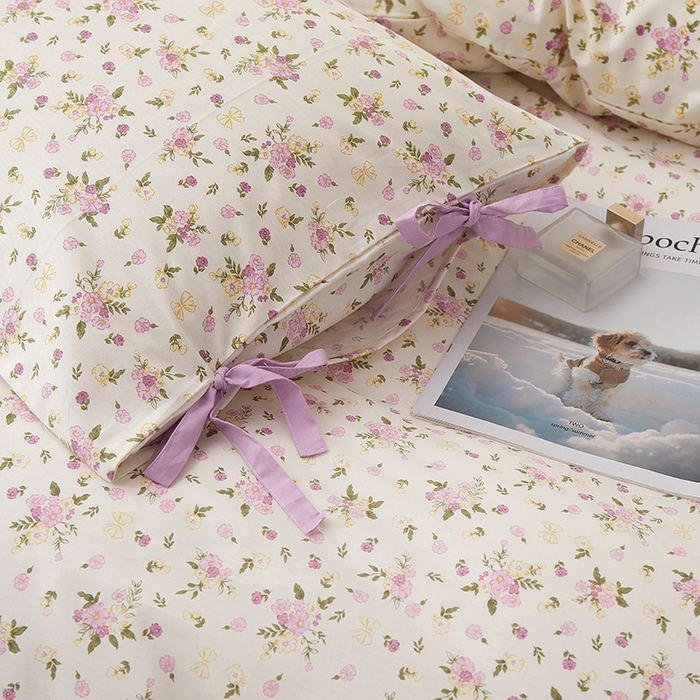 91家纺网 家纺一手货源 找家纺 一米阳光 2026年春夏新款小清新蝴蝶结绑带款全棉纯棉四件套 紫霞仙子