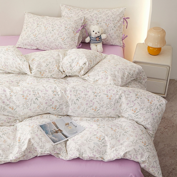 91家纺网 家纺一手货源 找家纺 一米阳光 2026年春夏新款小清新蝴蝶结绑带款全棉纯棉四件套 浅影