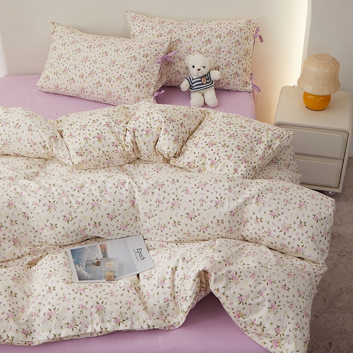 91家纺网 家纺一手货源 找家纺 一米阳光 2026年春夏新款小清新蝴蝶结绑带款全棉纯棉四件套 紫霞仙子