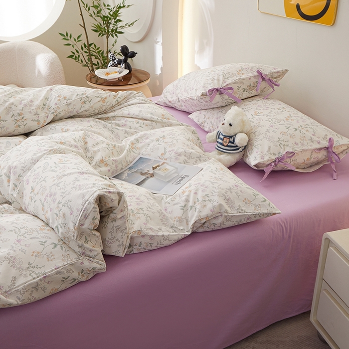 91家纺网 家纺一手货源 找家纺 一米阳光 2026年春夏新款小清新蝴蝶结绑带款全棉纯棉四件套 浅影