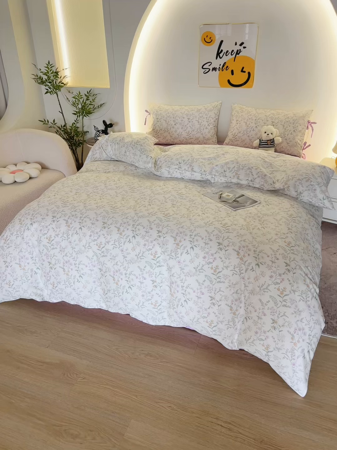 91家纺网 家纺一手货源 找家纺 一米阳光 2026年春夏新款小清新蝴蝶结绑带款全棉纯棉四件套 浅影