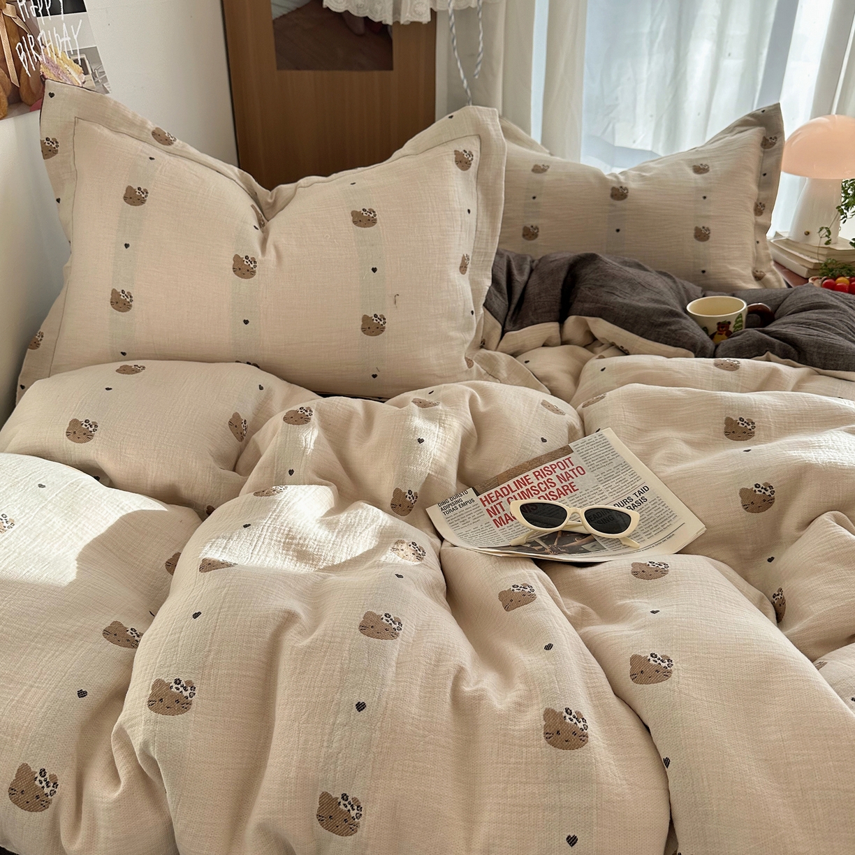 91家纺网 家纺一手货源 找家纺 萝莉家纺 2026新款全棉纯棉色织双层纱提花四件套 豹纹猫