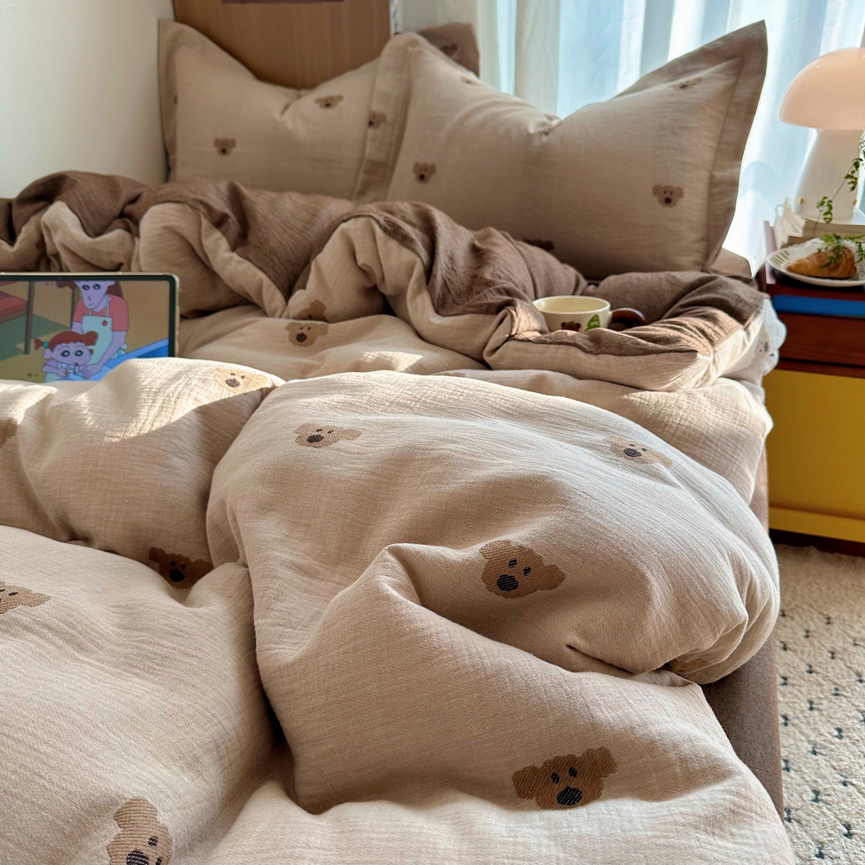 91家纺网 家纺一手货源 找家纺 萝莉家纺 2026新款全棉纯棉色织双层纱提花四件套 小熊头