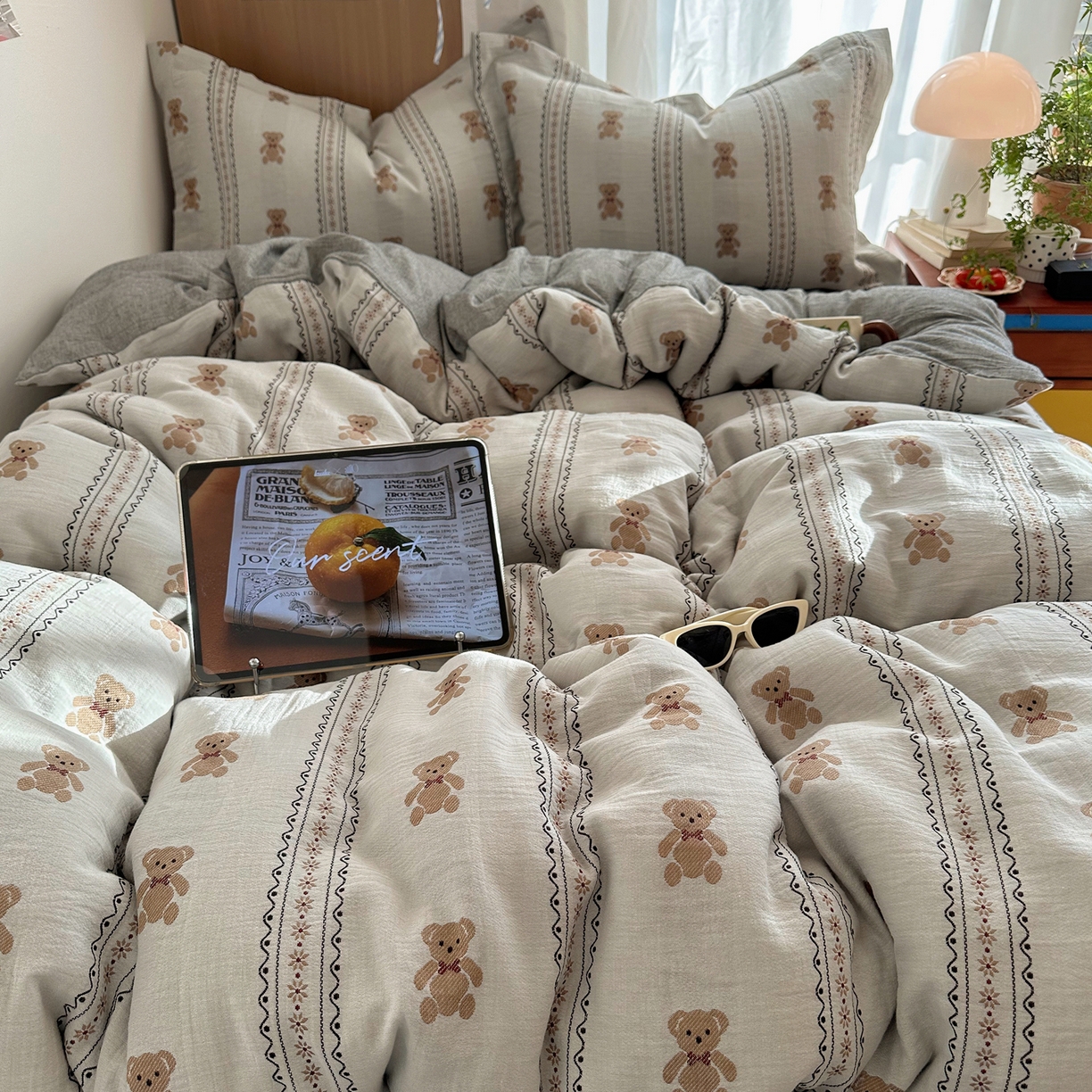 91家纺网 家纺一手货源 找家纺 萝莉家纺 2026新款全棉纯棉色织双层纱提花四件套 布偶熊