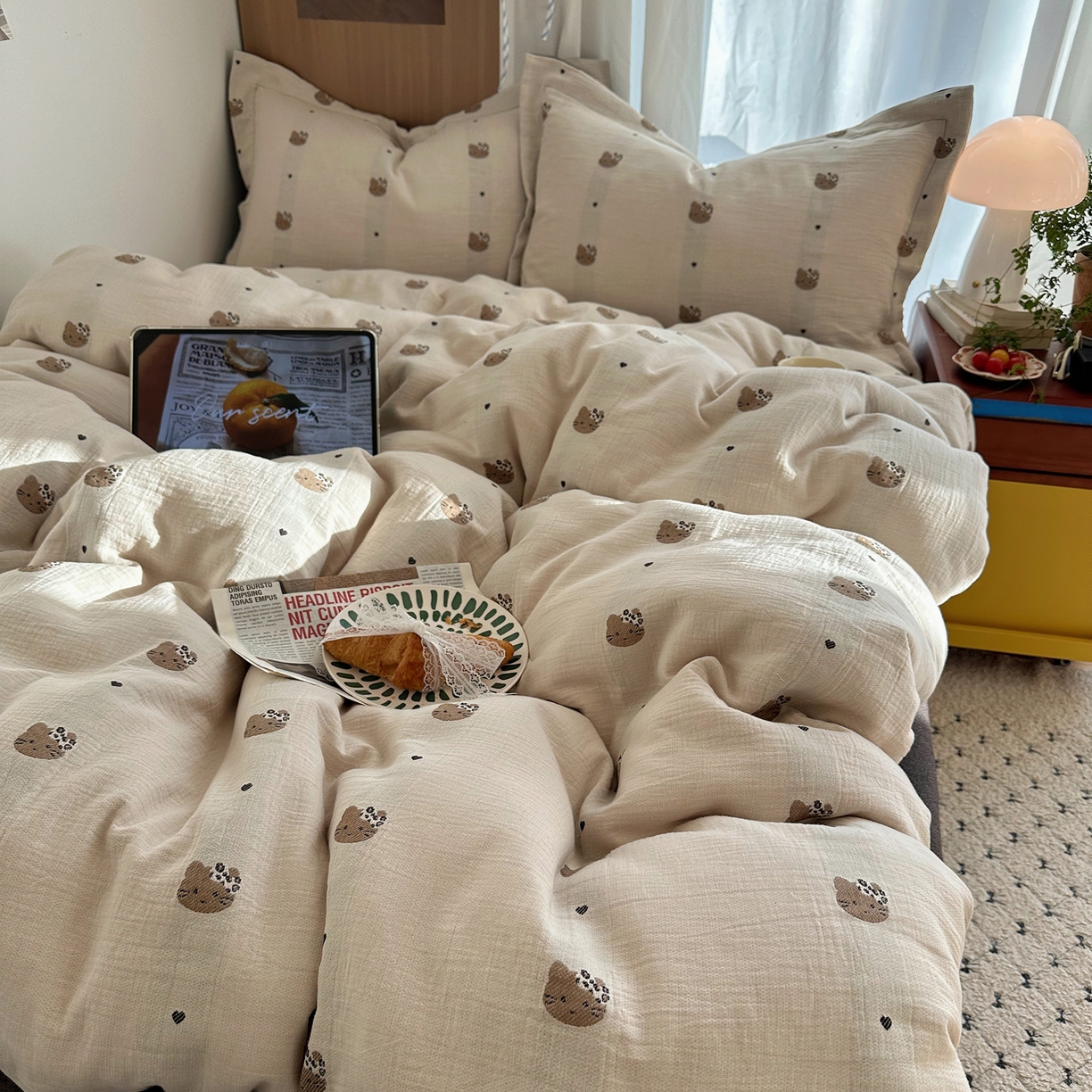 91家纺网 家纺一手货源 找家纺 萝莉家纺 2026新款全棉纯棉色织双层纱提花四件套 豹纹猫