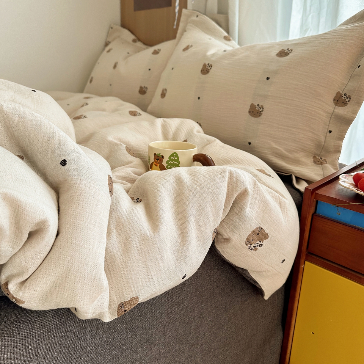 91家纺网 家纺一手货源 找家纺 萝莉家纺 2026新款全棉纯棉色织双层纱提花四件套 豹纹猫