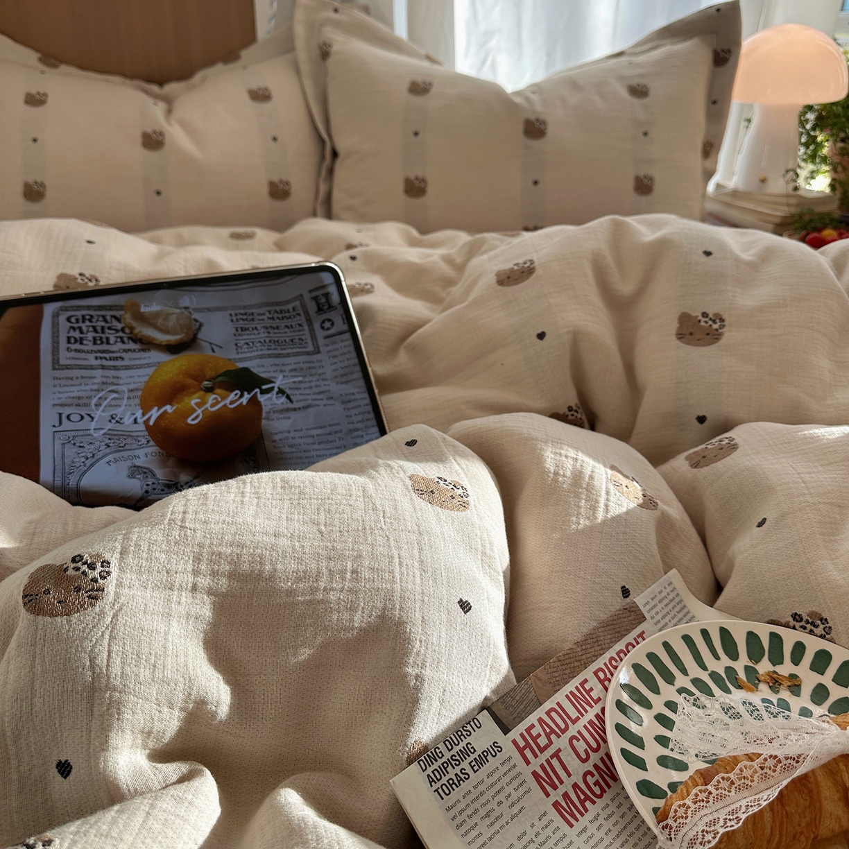 91家纺网 家纺一手货源 找家纺 萝莉家纺 2026新款全棉纯棉色织双层纱提花四件套 豹纹猫