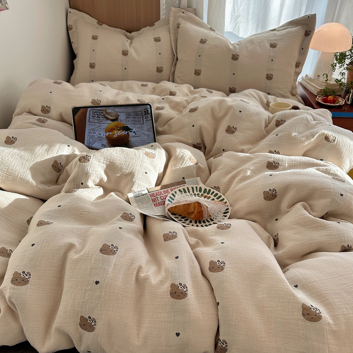 91家纺网 家纺一手货源 找家纺 萝莉家纺 2026新款全棉纯棉色织双层纱提花四件套 豹纹猫