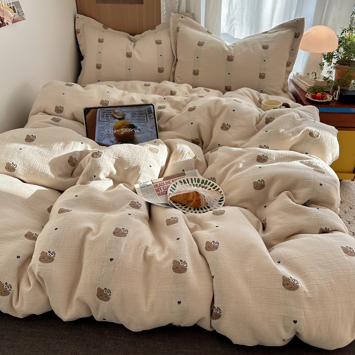 91家纺网 家纺一手货源 找家纺 萝莉家纺 2026新款全棉纯棉色织双层纱提花四件套 豹纹猫