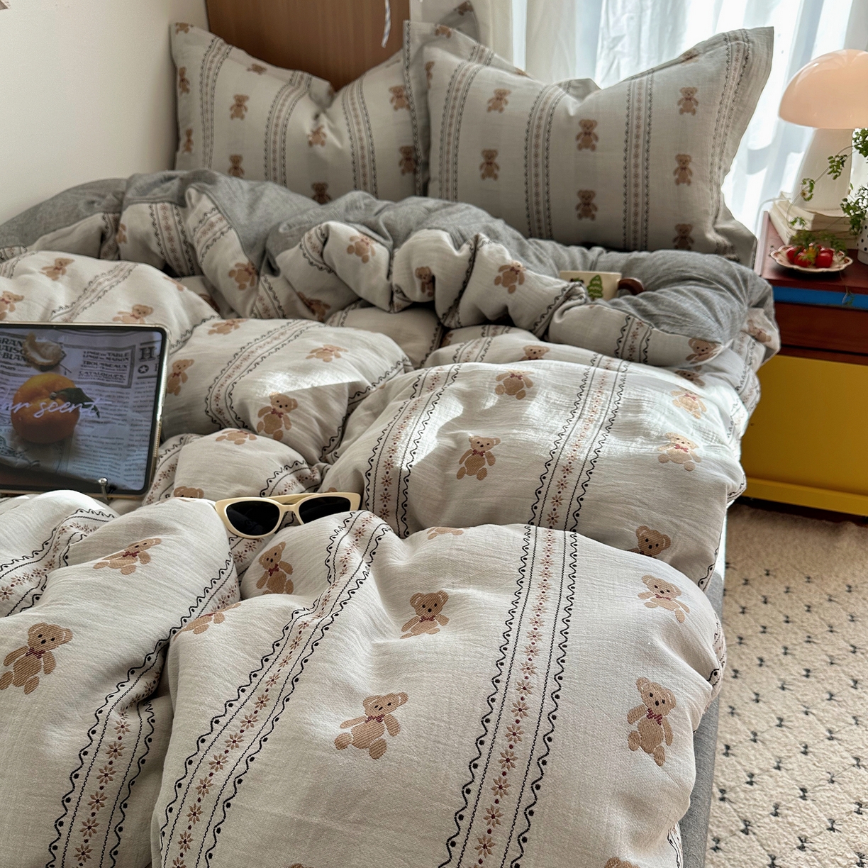 91家纺网 家纺一手货源 找家纺 萝莉家纺 2026新款全棉纯棉色织双层纱提花四件套 布偶熊