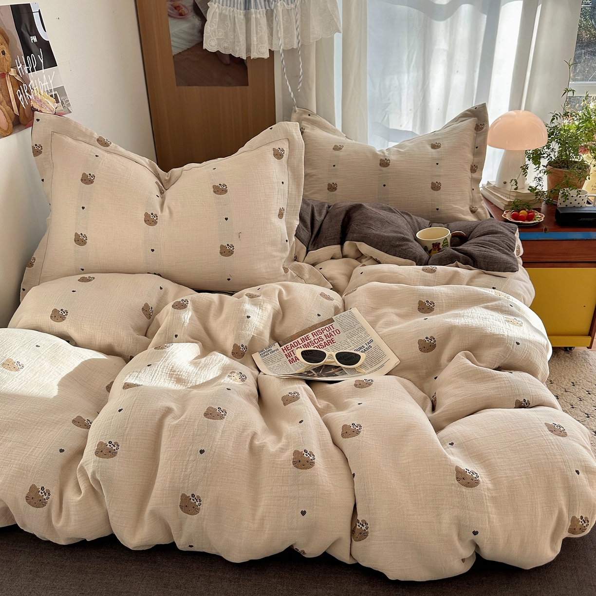 91家纺网 家纺一手货源 找家纺 萝莉家纺 2026新款全棉纯棉色织双层纱提花四件套 豹纹猫