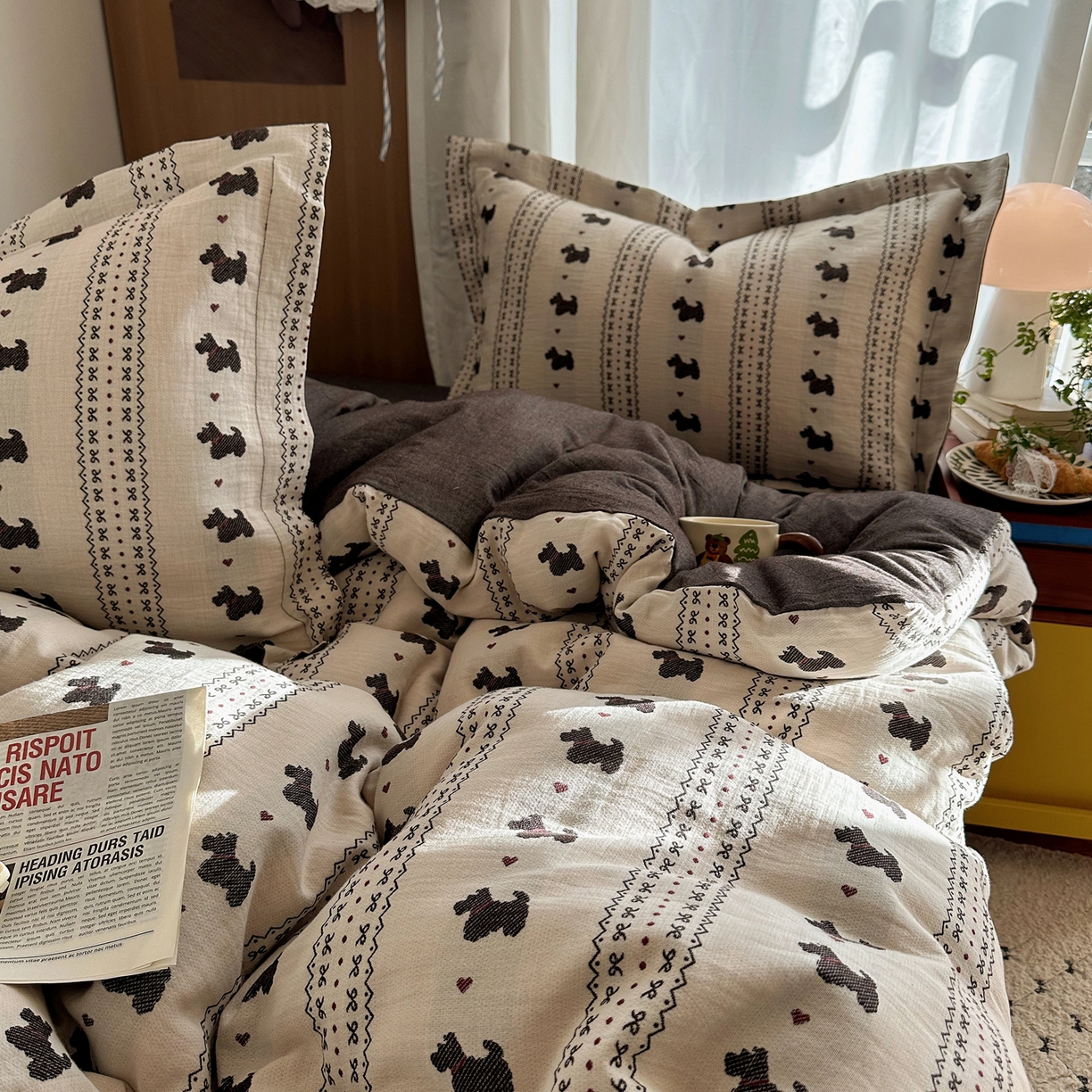 91家纺网 家纺一手货源 找家纺 萝莉家纺 2026新款全棉纯棉色织双层纱提花四件套 爱心狗