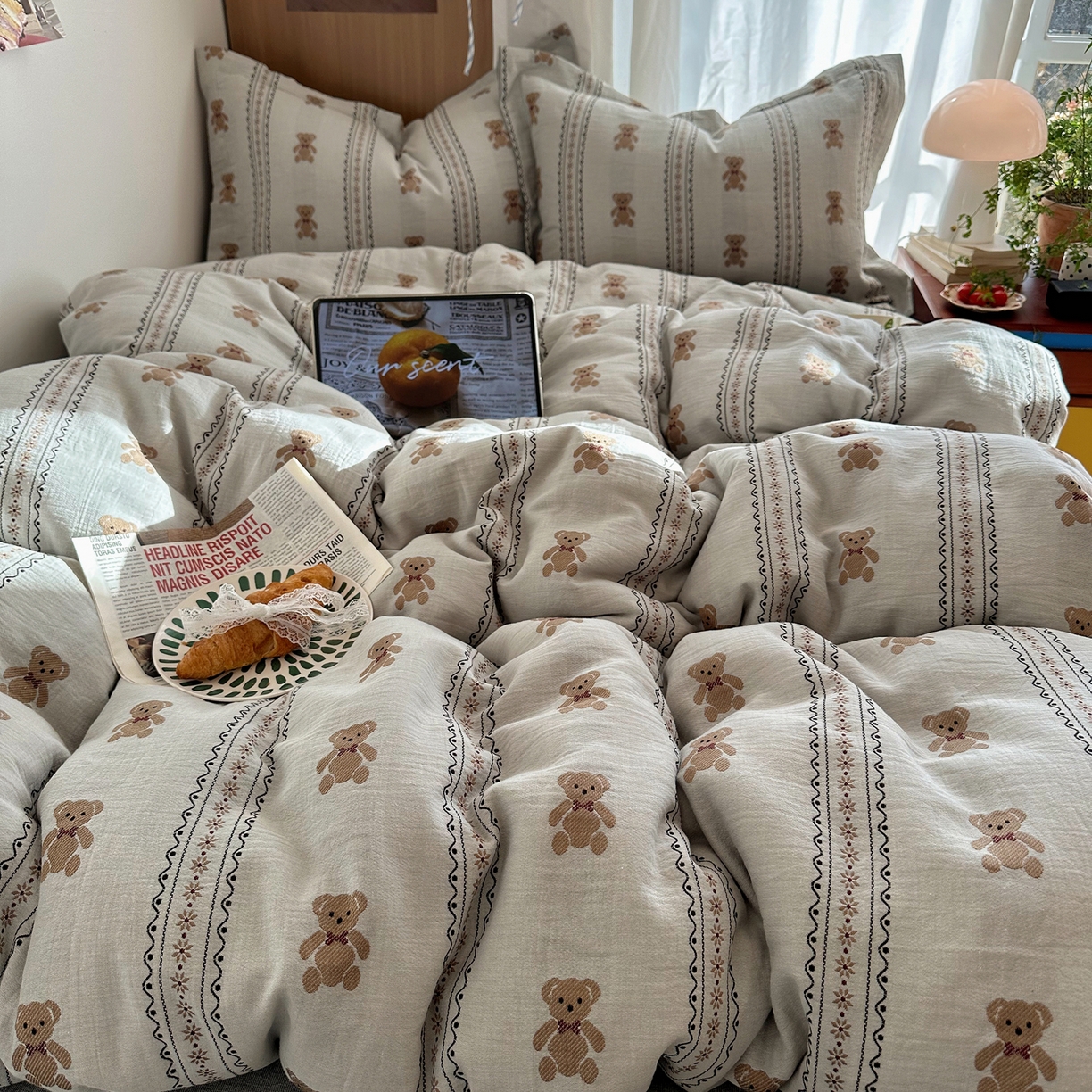 91家纺网 家纺一手货源 找家纺 萝莉家纺 2026新款全棉纯棉色织双层纱提花四件套 布偶熊