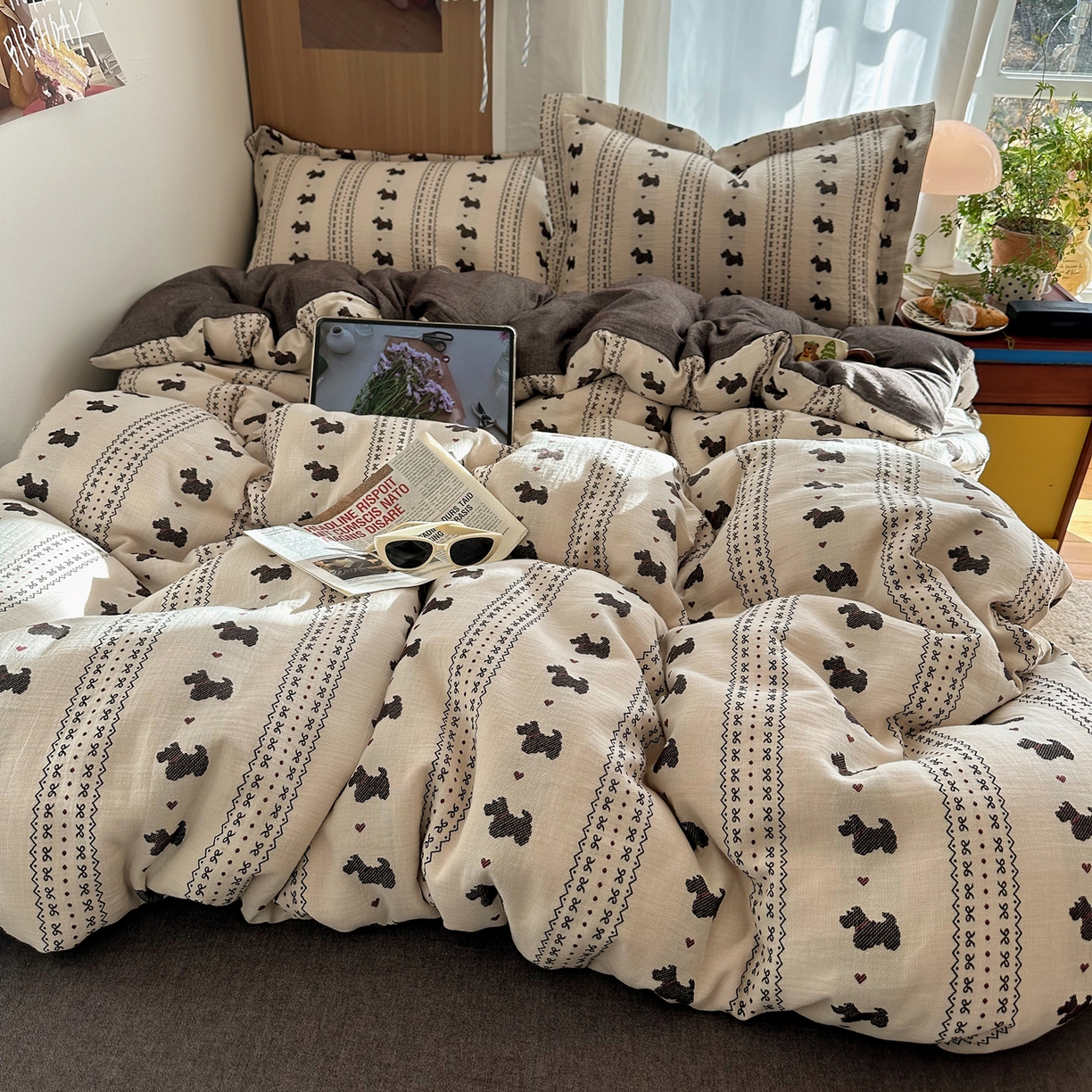 萝莉家纺 2026新款全棉纯棉色织双层纱提花四件套 爱心狗