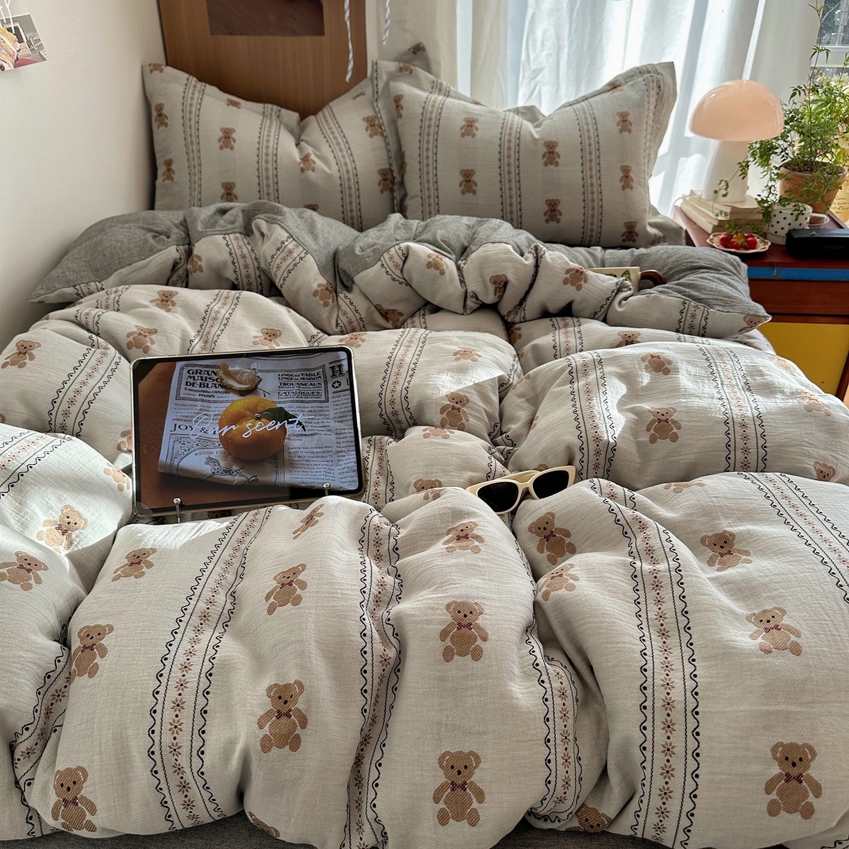 91家纺网 家纺一手货源 找家纺 萝莉家纺 2026新款全棉纯棉色织双层纱提花四件套 布偶熊