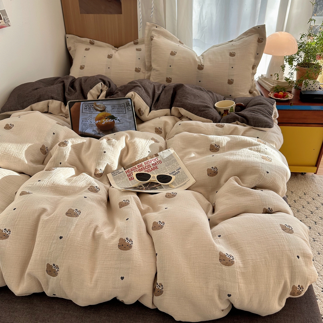 萝莉家纺 2026新款全棉纯棉色织双层纱提花四件套 豹纹猫