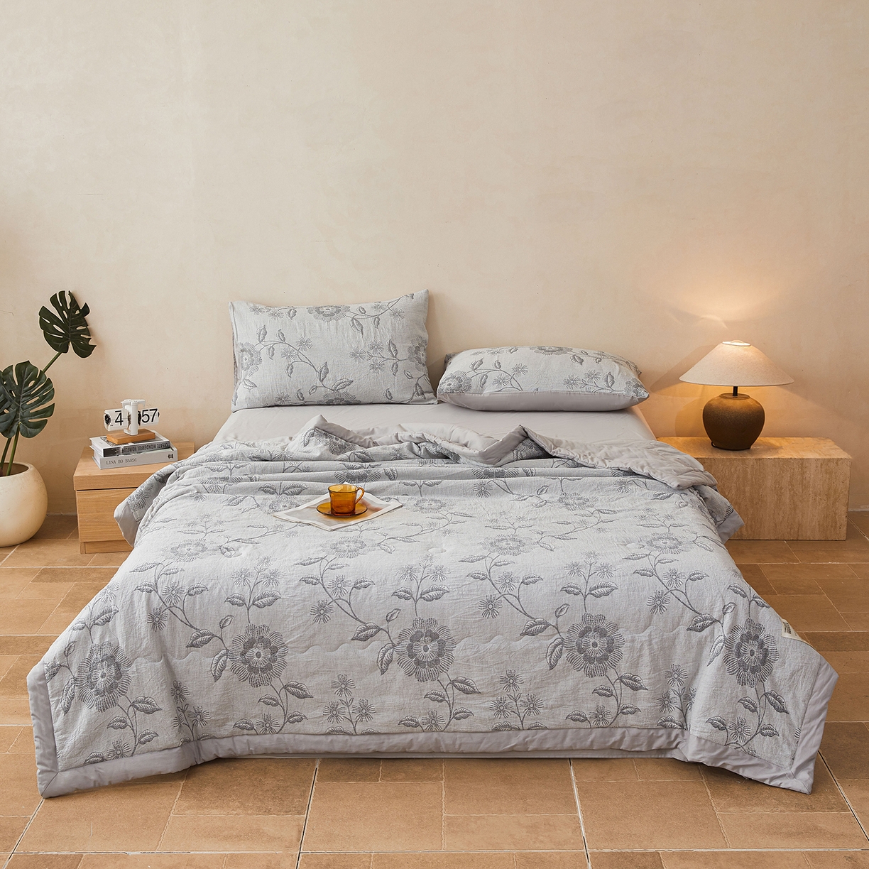 91家纺网 家纺一手货源 找家纺 乐家毛巾被（工厂自产自销） 2026新款全棉色织三层提花夏季大豆纤维被 叶影清风